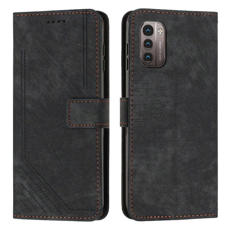 For Nokia G11/G21 Skin Feel Stripe Pattern Leather Phone Case with Lanyard(Black)