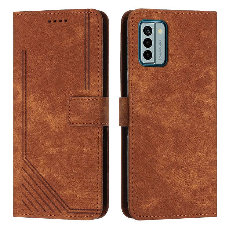 For Nokia G22 Skin Feel Stripe Pattern Leather Phone Case with Lanyard(Brown)