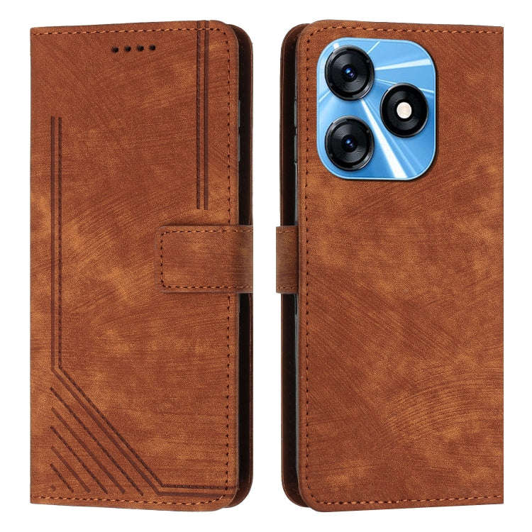 For Tecno Spark 10 Skin Feel Stripe Pattern Leather Phone Case with Lanyard(Brown)