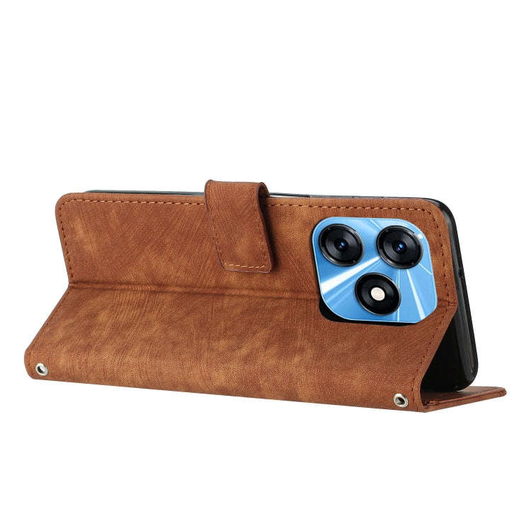For Tecno Spark 10 Skin Feel Stripe Pattern Leather Phone Case with Lanyard(Brown)
