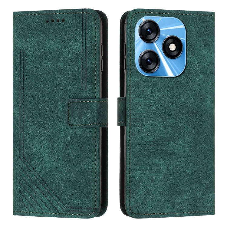 For Tecno Spark 10 Skin Feel Stripe Pattern Leather Phone Case with Lanyard(Green)