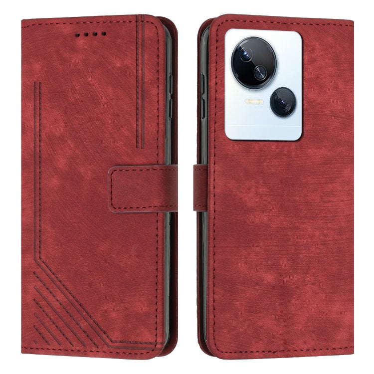 For Tecno Spark 10 5G Skin Feel Stripe Pattern Leather Phone Case with Lanyard(Red)