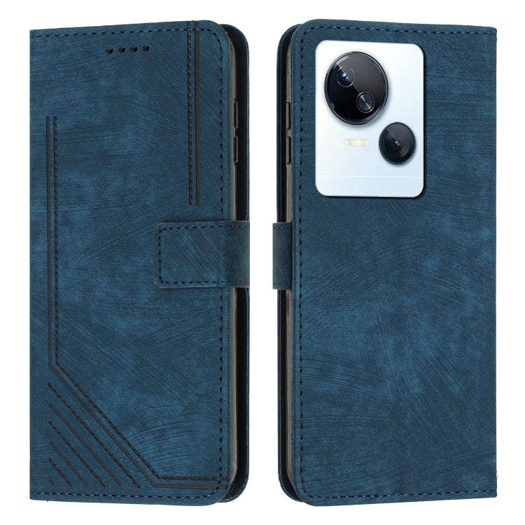 For Tecno Spark 10 5G Skin Feel Stripe Pattern Leather Phone Case with Lanyard(Blue)