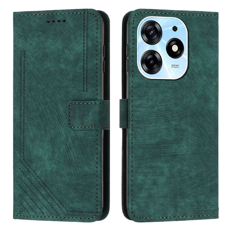 For Tecno Spark 10 Pro Skin Feel Stripe Pattern Leather Phone Case with Lanyard(Green)