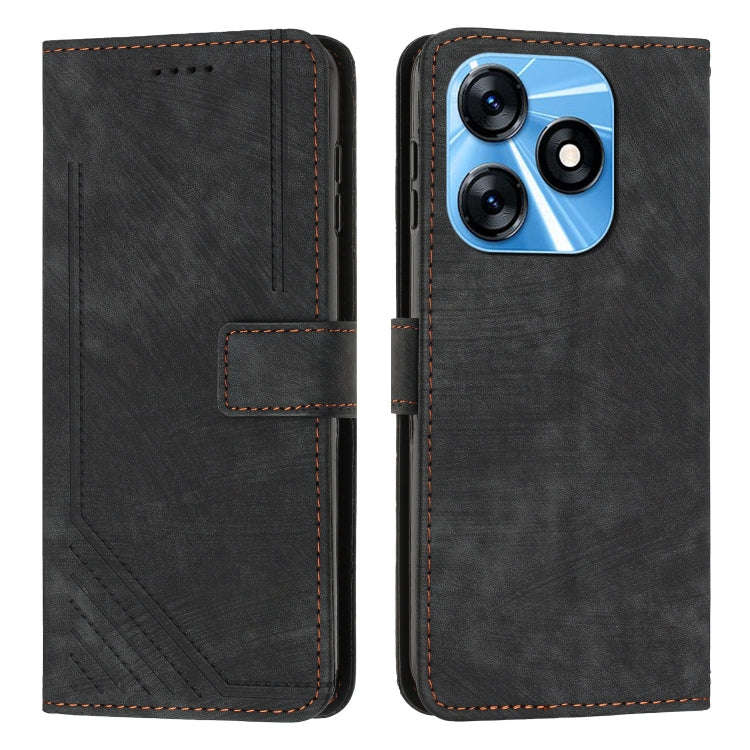 For Tecno Spark 10C Skin Feel Stripe Pattern Leather Phone Case with Lanyard(Black)