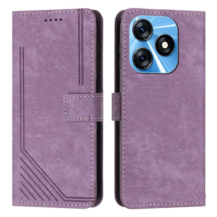 For Tecno Spark 10C Skin Feel Stripe Pattern Leather Phone Case with Lanyard(Purple)