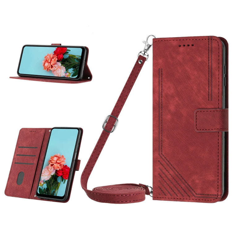 For Tecno Pop 7 Skin Feel Stripe Pattern Leather Phone Case with Lanyard(Red)
