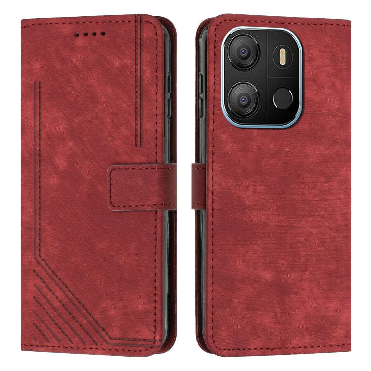 For Tecno Pop 7 Skin Feel Stripe Pattern Leather Phone Case with Lanyard(Red)