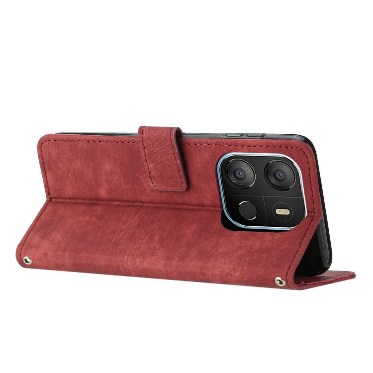For Tecno Pop 7 Skin Feel Stripe Pattern Leather Phone Case with Lanyard(Red)