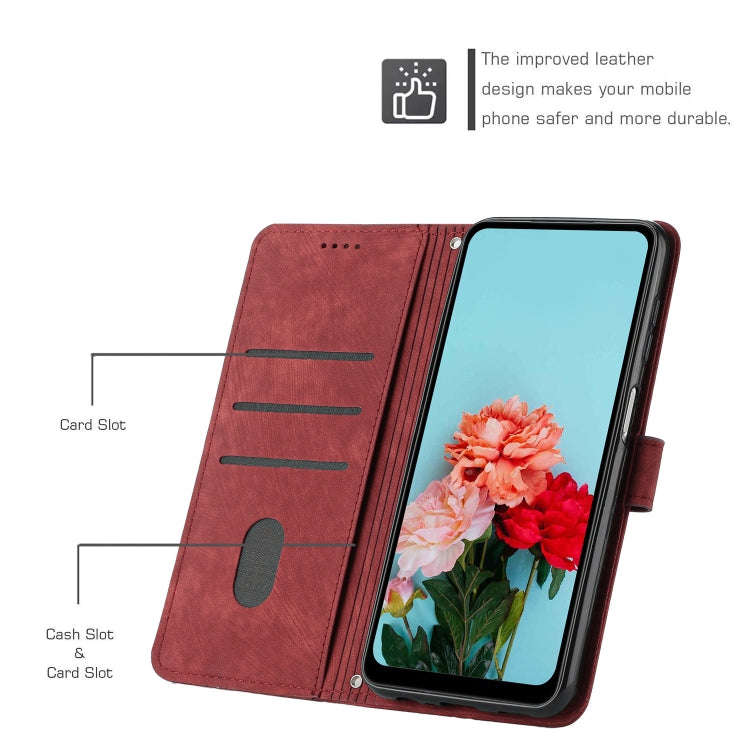 For Tecno Pop 7 Skin Feel Stripe Pattern Leather Phone Case with Lanyard(Red)