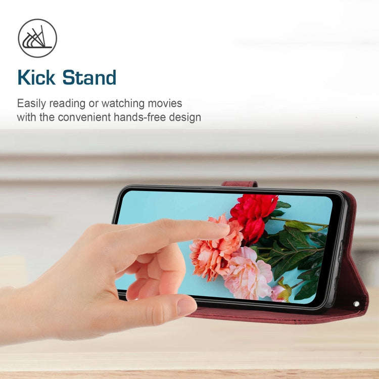 For Tecno Pop 7 Skin Feel Stripe Pattern Leather Phone Case with Lanyard(Red)