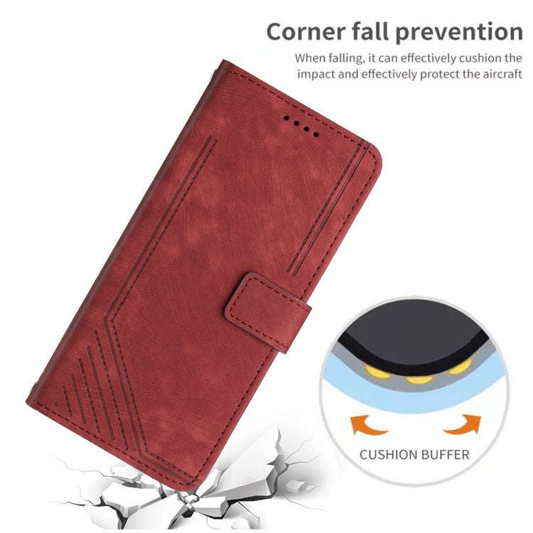 For Tecno Pop 7 Skin Feel Stripe Pattern Leather Phone Case with Lanyard(Red)