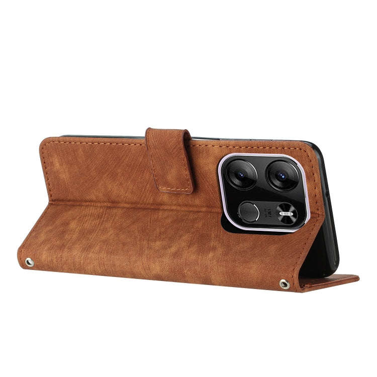 For Tecno Pop 7 Pro Skin Feel Stripe Pattern Leather Phone Case with Lanyard(Brown)