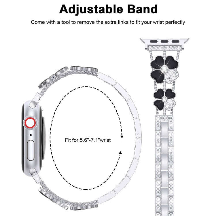 For Apple Watch SE 2023 44mm Petal Metal Diamond Watch Band(Sliver+Black)