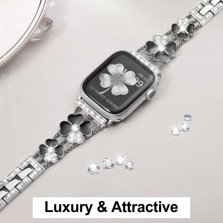For Apple Watch SE 2023 44mm Petal Metal Diamond Watch Band(Sliver+Black)