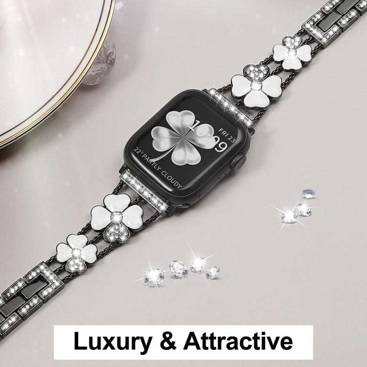 For Apple Watch 9 45mm Petal Metal Diamond Watch Band(Black+White)