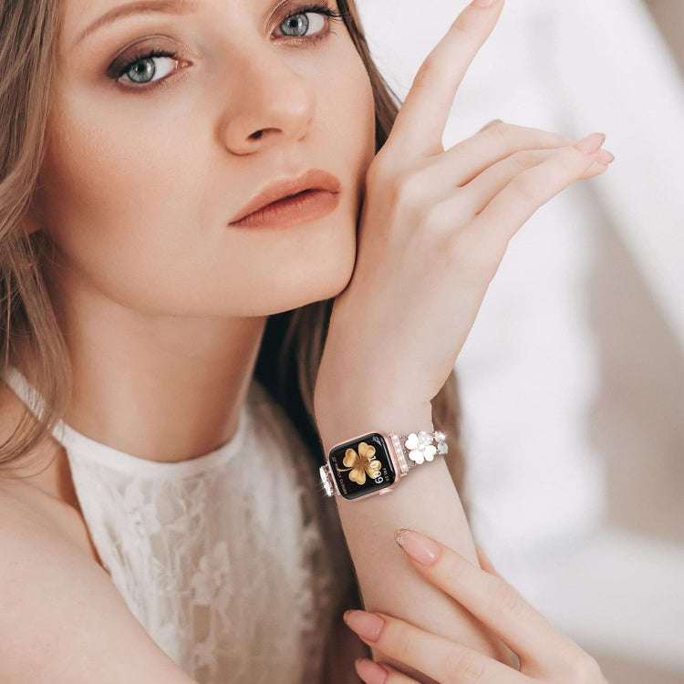 For Apple Watch 9 45mm Petal Metal Diamond Watch Band(Rose Gold+White)
