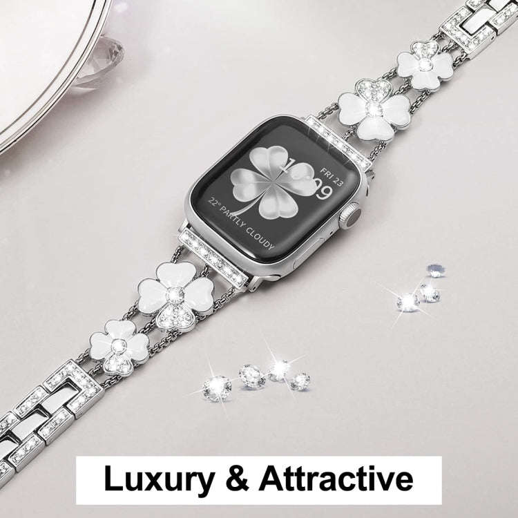 For Apple Watch 9 41mm Petal Metal Diamond Watch Band(Sliver+White)