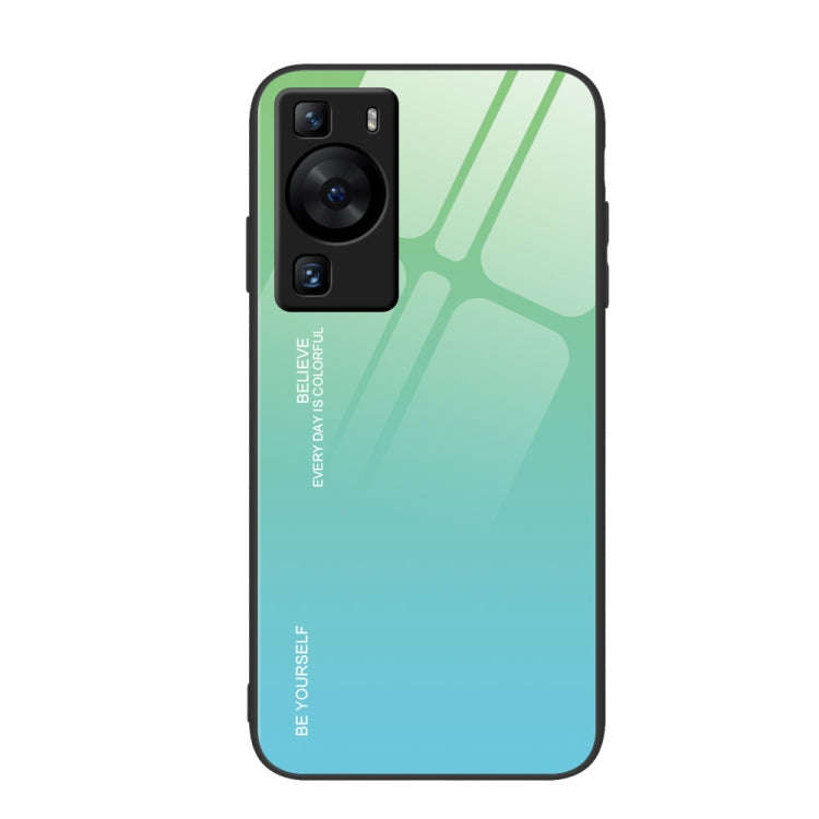 For Huawei P60 Gradient Color Glass Phone Case(Green Cyan)