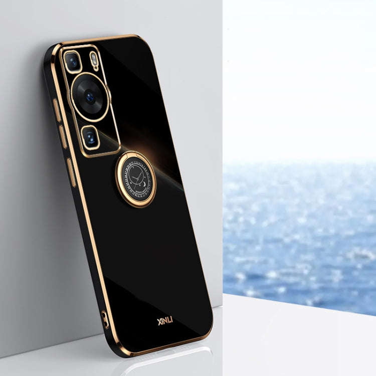For Huawei P60 XINLI Straight Edge 6D Electroplate TPU Phone Case with Ring Holder(Black)