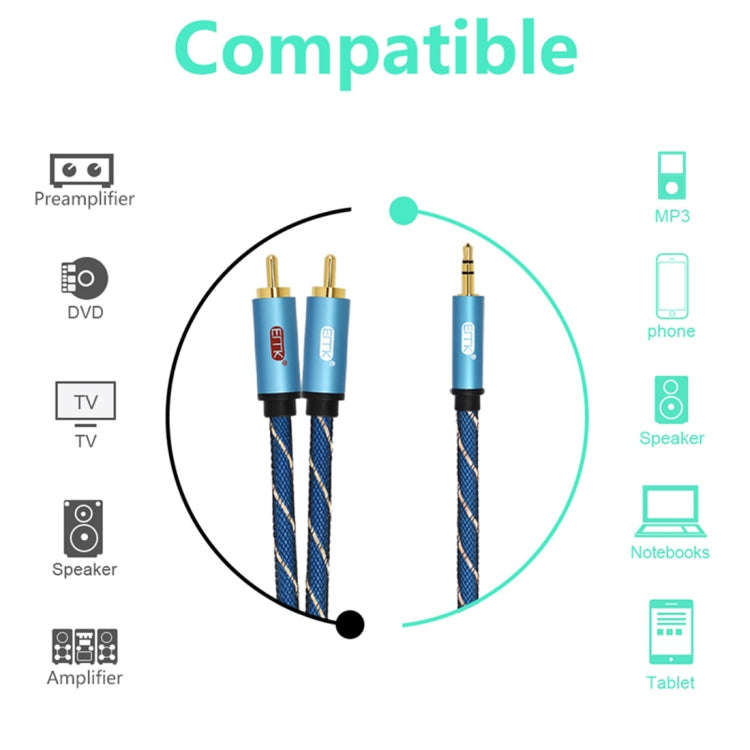 EMK 3.5mm Jack Male to 2 x RCA Male Gold Plated Connector Speaker Audio Cable, Cable Length:5m(Da...