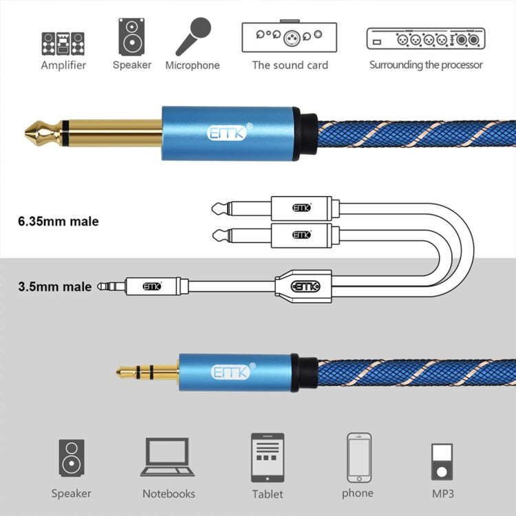 EMK 3.5mm Jack Male to 2 x 6.35mm Jack Male Gold Plated Connector Nylon Braid AUX Cable for Compu...