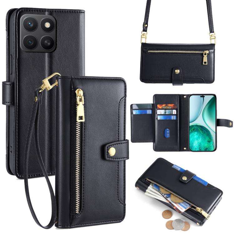 For Honor X8c 4G Sheep Texture Cross-body Zipper Wallet Leather Phone Case(Black)