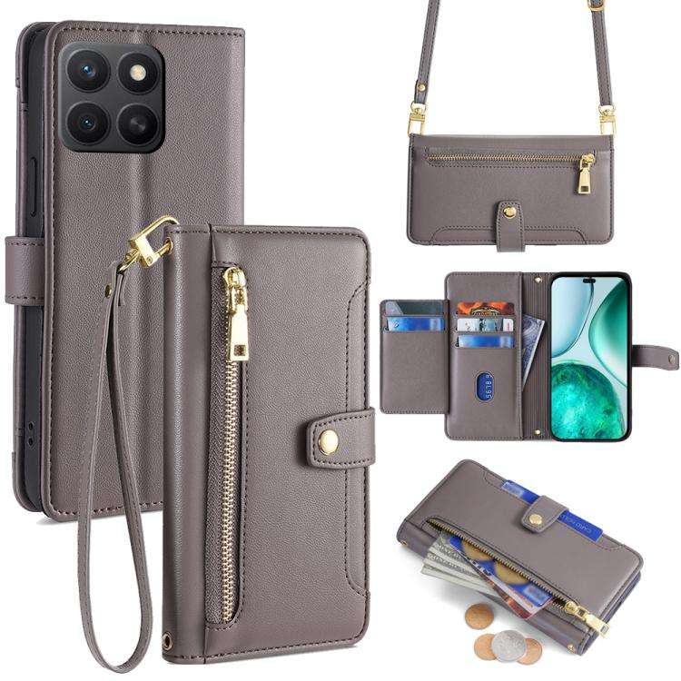 For Honor X8c 4G Sheep Texture Cross-body Zipper Wallet Leather Phone Case(Grey)