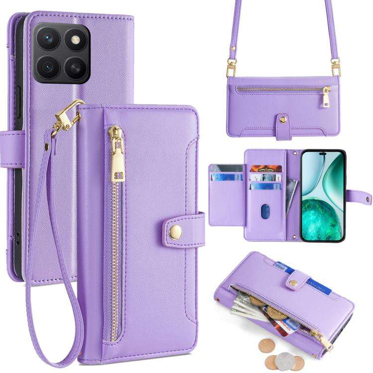 For Honor X8c 4G Sheep Texture Cross-body Zipper Wallet Leather Phone Case(Purple)