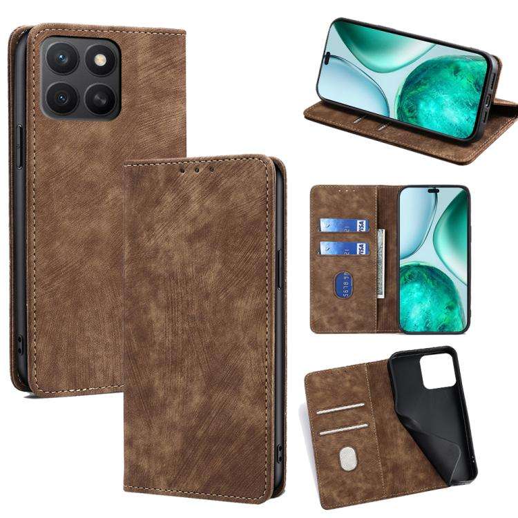 For Honor X8c 4G RFID Anti-theft Brush Magnetic Leather Phone Case(Brown)