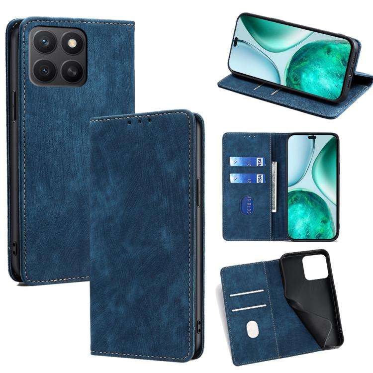 For Honor X8c 4G RFID Anti-theft Brush Magnetic Leather Phone Case(Blue)