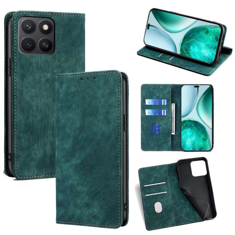 For Honor X8c 4G RFID Anti-theft Brush Magnetic Leather Phone Case(Green)