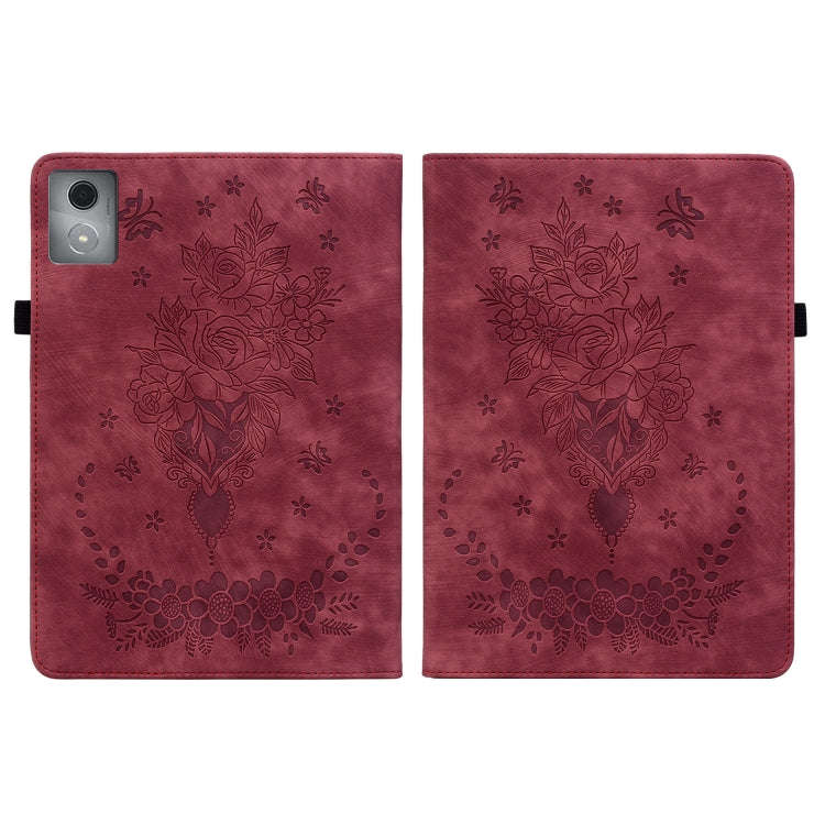 For Lenovo Tab K11 Plus Butterfly Rose Embossed Leather Tablet Case(Red)