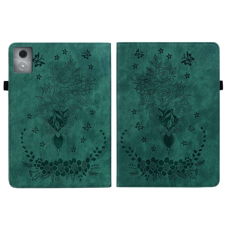 For Lenovo Tab K11 Plus Butterfly Rose Embossed Leather Tablet Case(Green)