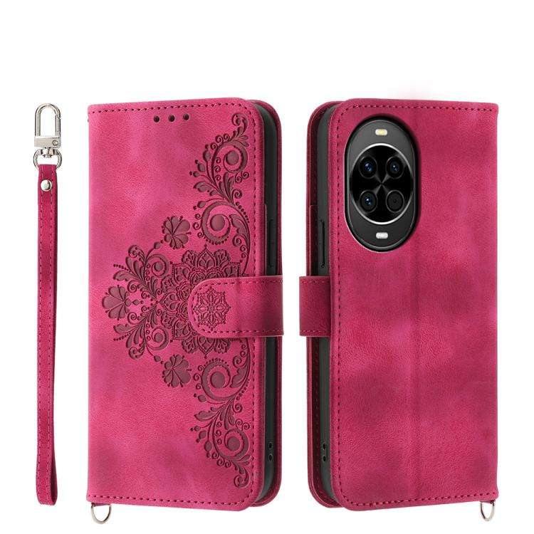 For Huawei nova 14 Skin Feel Flowers Embossed Wallet Leather Phone Case(Wine Red)