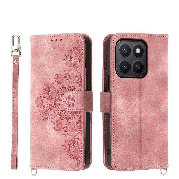 For Honor X8c 4G Skin Feel Flowers Embossed Wallet Leather Phone Case(Pink)