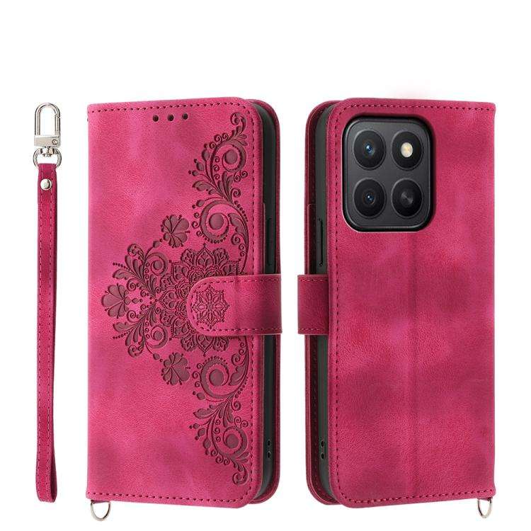 For Honor X8c 4G Skin Feel Flowers Embossed Wallet Leather Phone Case(Wine Red)
