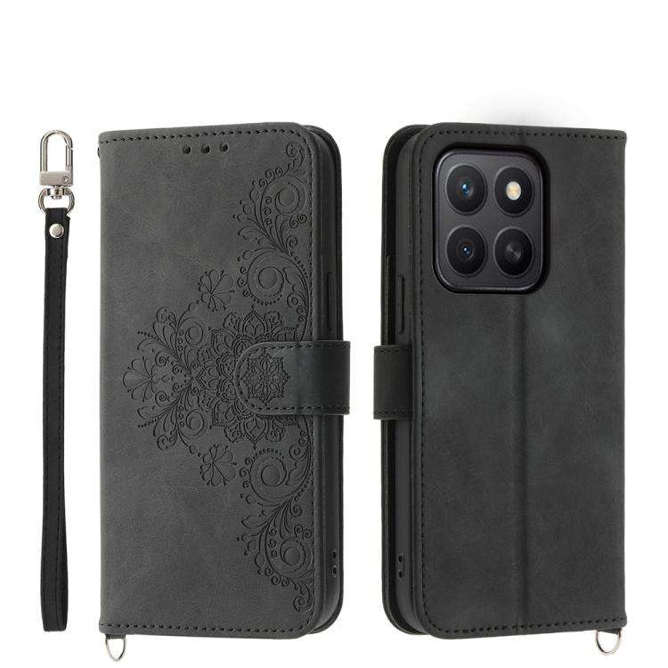 For Honor X8c 4G Skin Feel Flowers Embossed Wallet Leather Phone Case(Black)