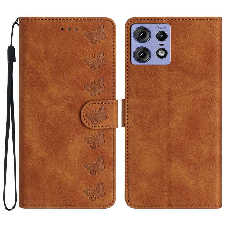 For Motorola Edge 50 Pro Seven Butterflies Embossed Leather Phone Case(Brown)