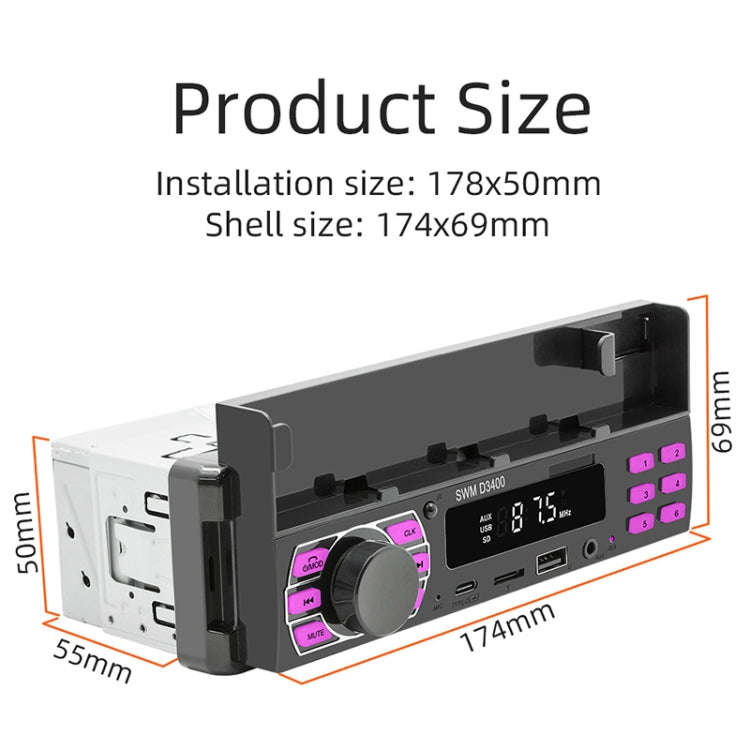 SWM D3400 Car Bluetooth MP3 Player Support Smart Voice Assistant / FM(Black)