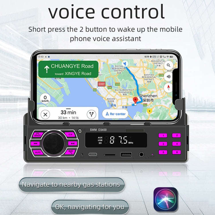 SWM D3400 Car Bluetooth MP3 Player Support Smart Voice Assistant / FM(Black)