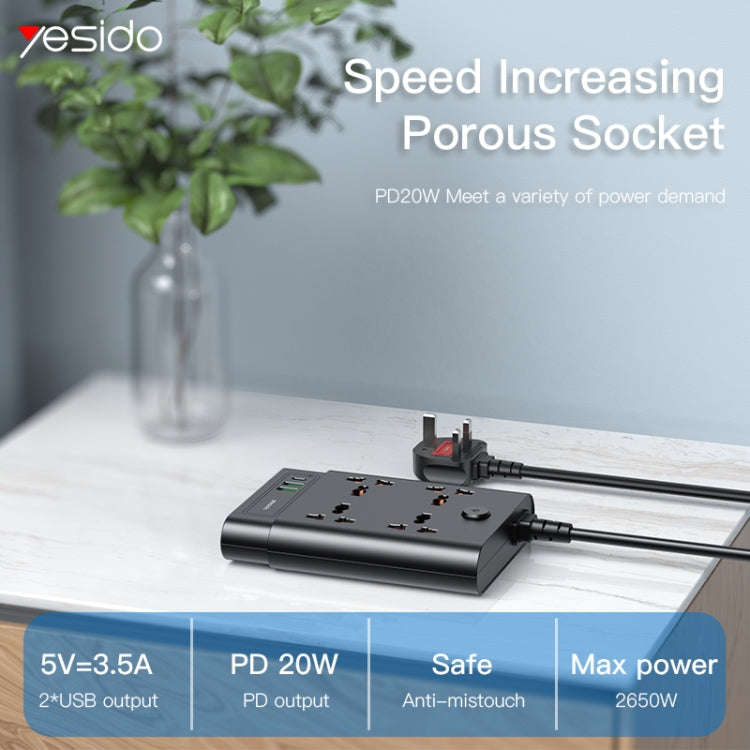 Yesido MC-11 4 Plugs + PD 20W+2 QC3.0 Ports 2650W Multi-functional High Power Socket(EU Plug)