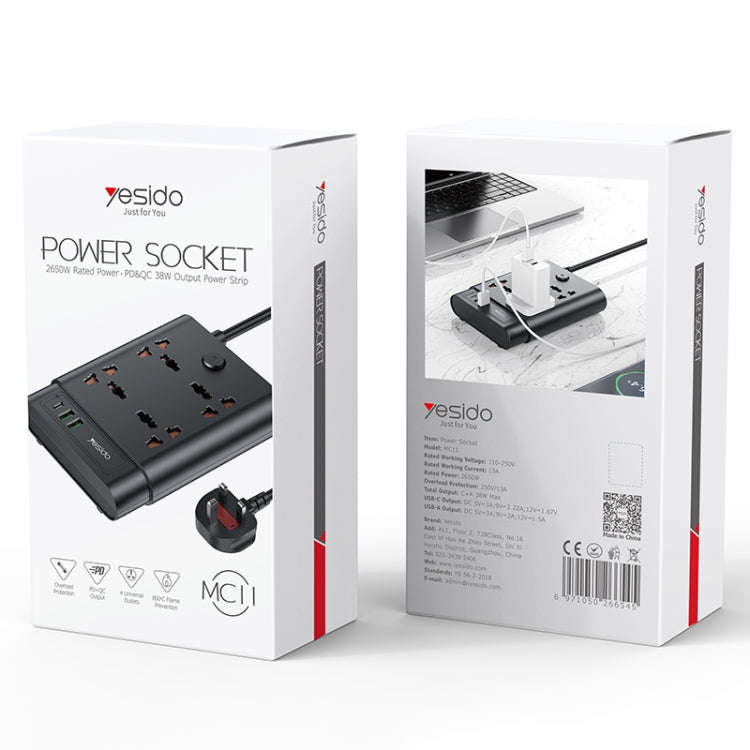 Yesido MC-11 4 Plugs + PD 20W+2 QC3.0 Ports 2650W Multi-functional High Power Socket(UK Plug)