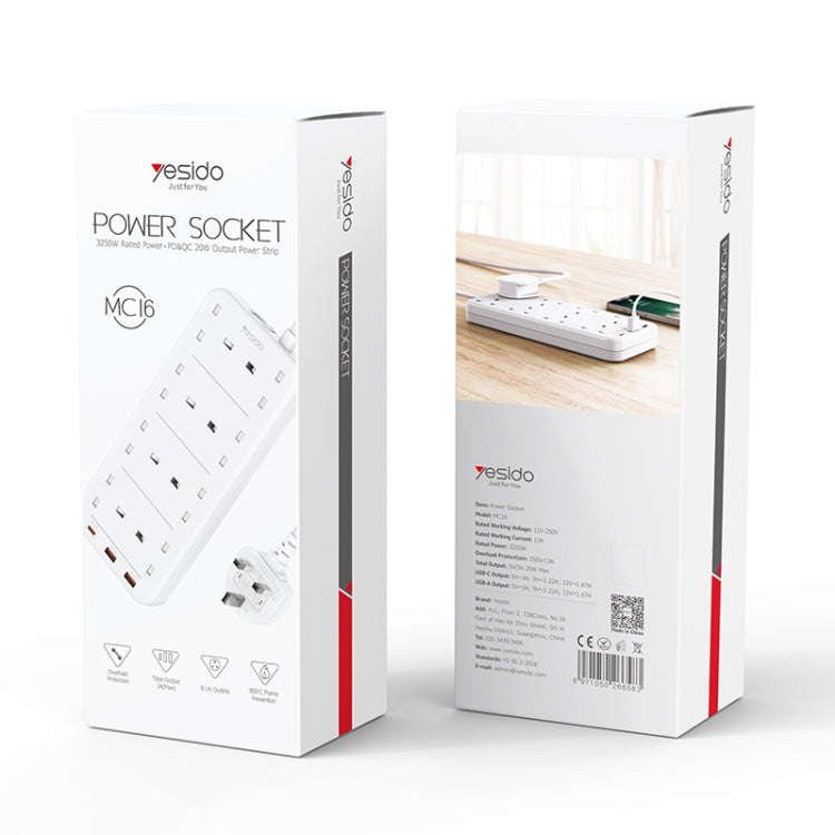 Yesido MC-16 8 Plugs + PD 20W+2 QC3.0 Ports 3250W High Power Fast Charging Socket(UK Plug)