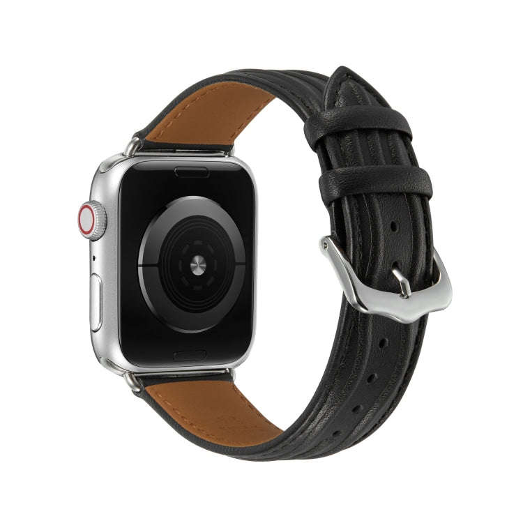 Embossed Line Genuine Leather Watch Band For Apple Watch 6 40mm(Black)