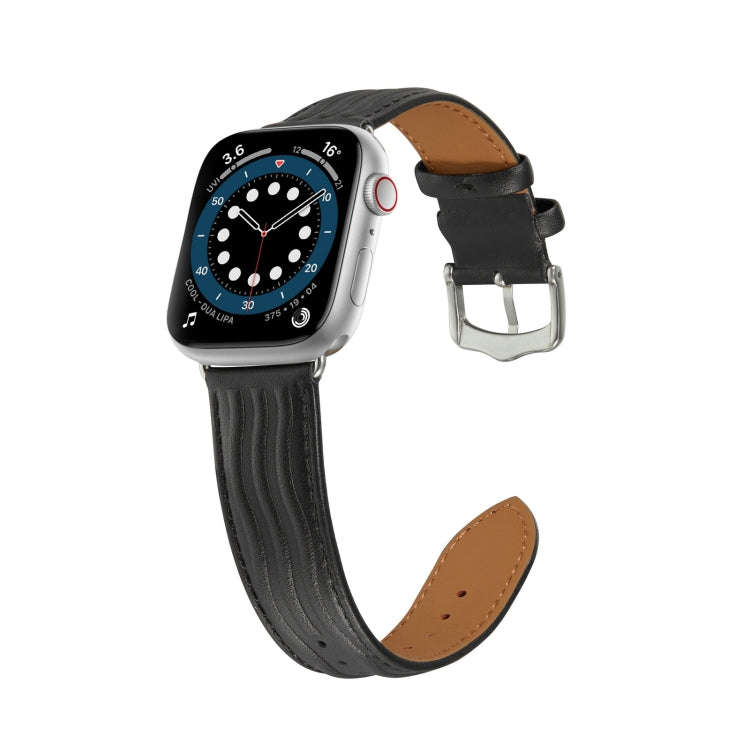 Embossed Line Genuine Leather Watch Band For Apple Watch 6 40mm(Black)