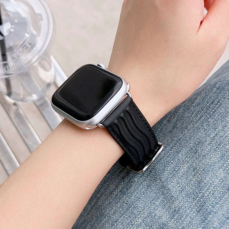 Embossed Line Genuine Leather Watch Band For Apple Watch 6 40mm(Black)