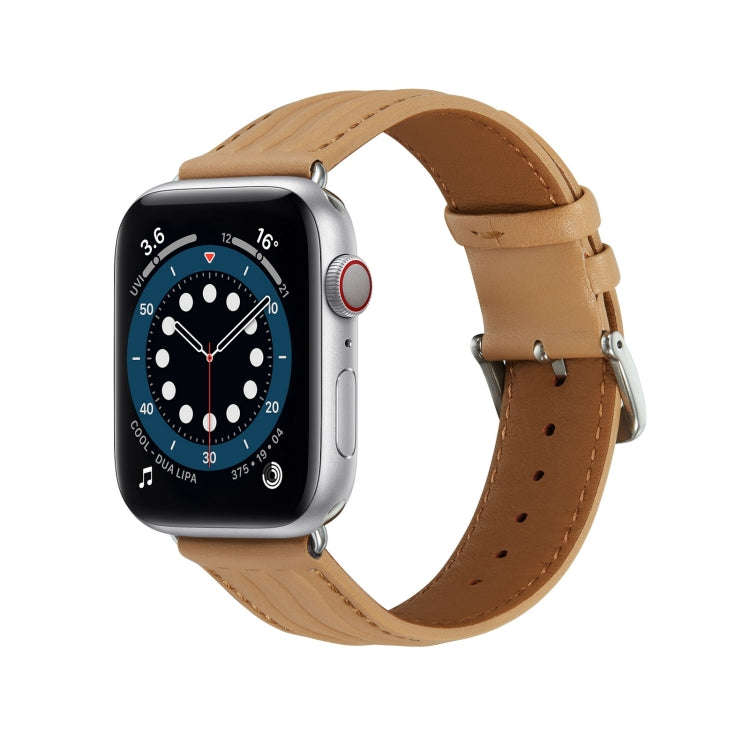 Embossed Line Genuine Leather Watch Band For Apple Watch 4 40mm(Khaki)