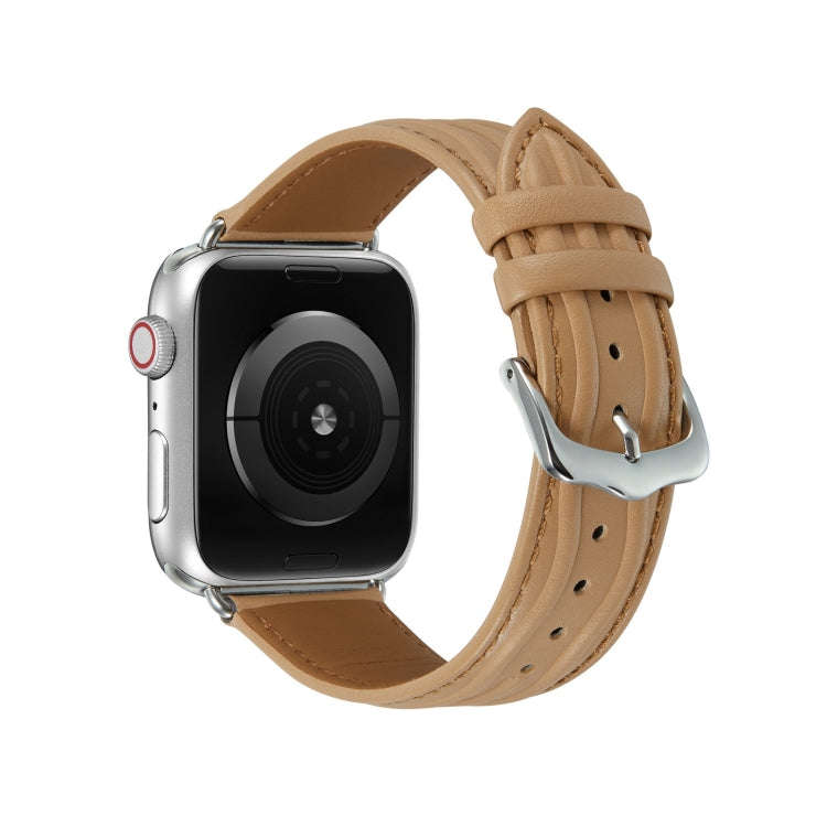 Embossed Line Genuine Leather Watch Band For Apple Watch 4 40mm(Khaki)