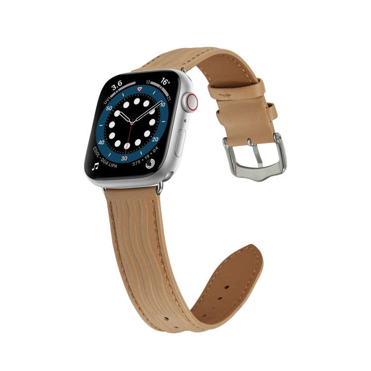 Embossed Line Genuine Leather Watch Band For Apple Watch 4 40mm(Khaki)